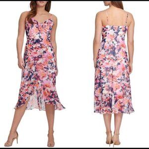 Kenzie Floral Pink Blue & White Midi Dress with Hi Low Ruffle Skirt Sz 4 EUC